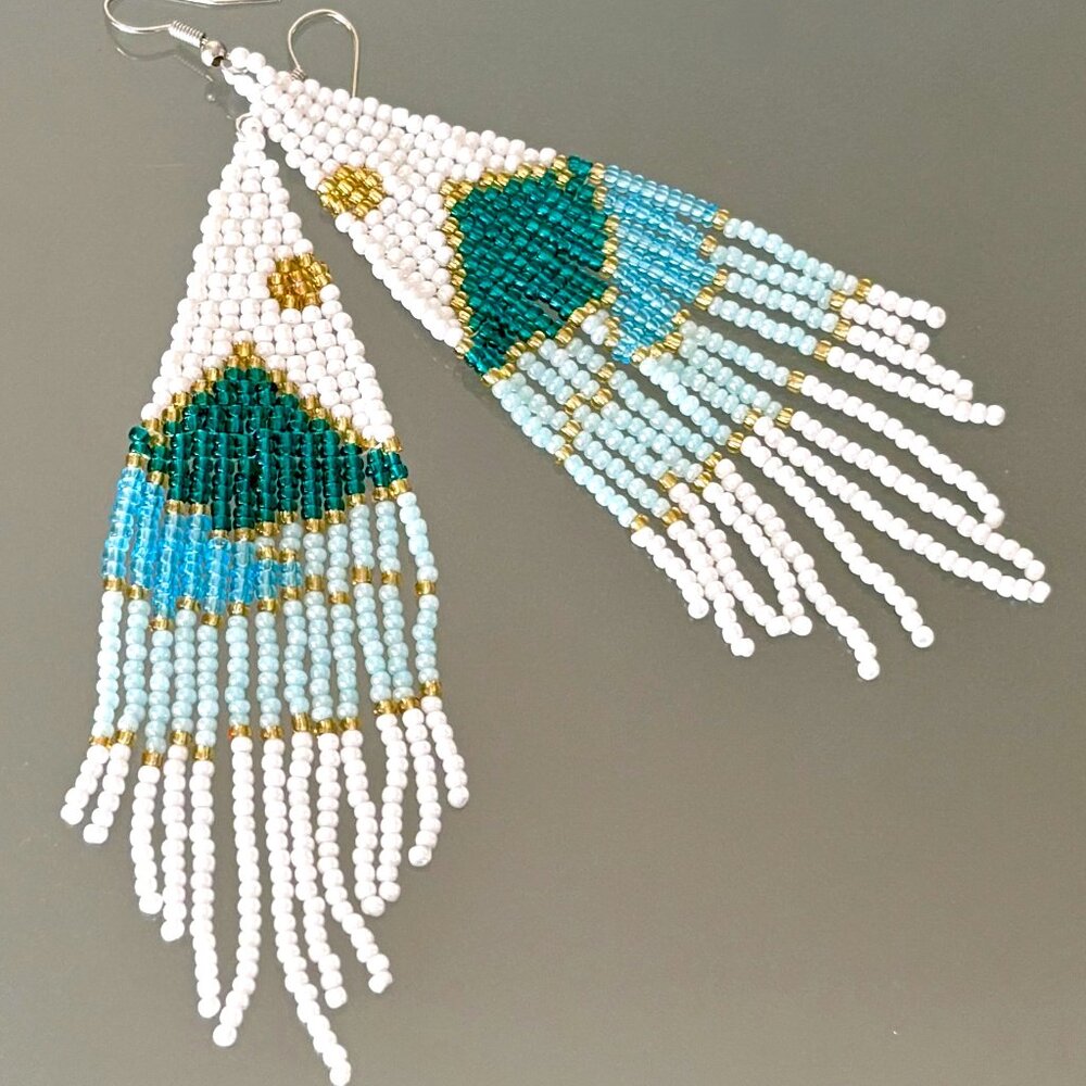 Blue Green Shimmery Seed Bead Hand Beaded Mountain Sun Tassel Dangle Earrings